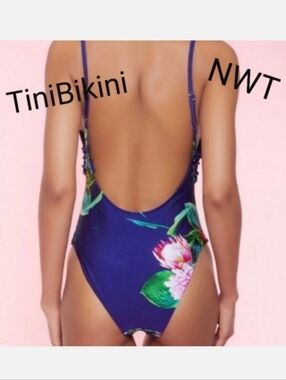 TiNiBiKiNi Navy Blue Tropical Print One Piece Swimsuit Sz Small NWT